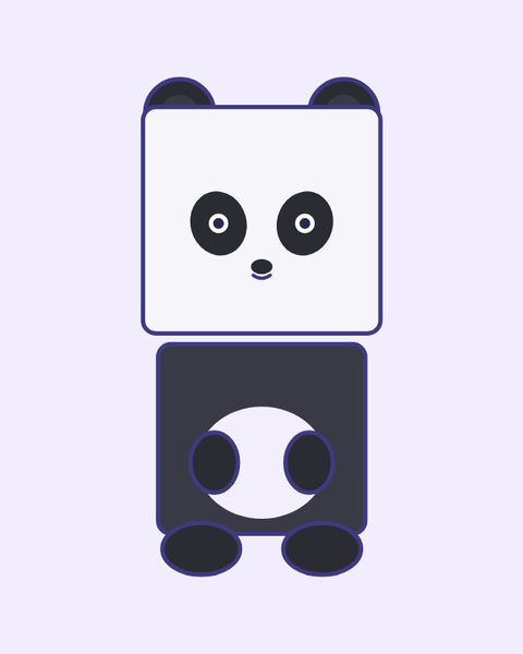 Black and White Panda paper craft template for kids: a printable color A4 sheet with cut lines, fold lines and glue tabs, plus a preview of the finished cube toy