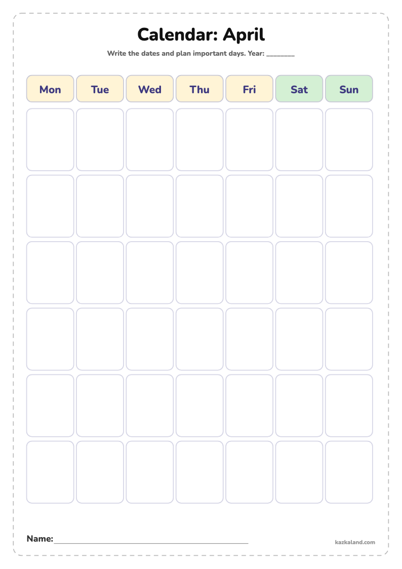 Blank Calendar for Kids: April: printable A4 sheet for kids, ready to print or fill in online