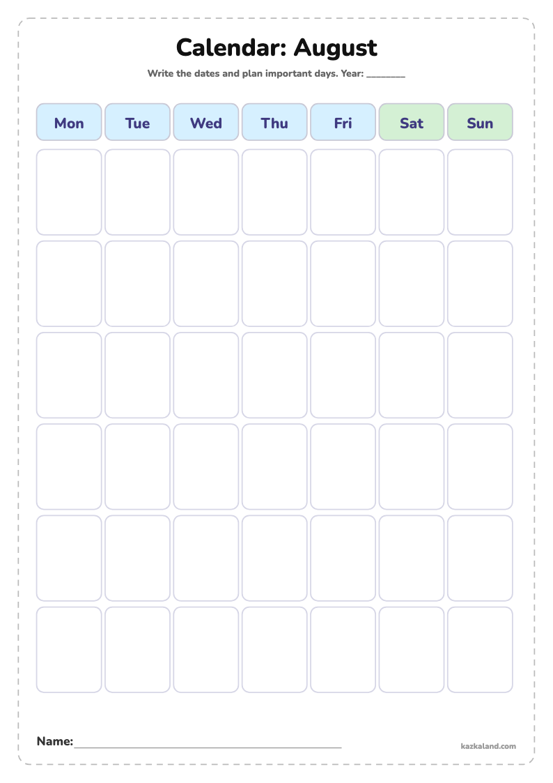 Blank Calendar for Kids: August: printable A4 sheet for kids, ready to print or fill in online