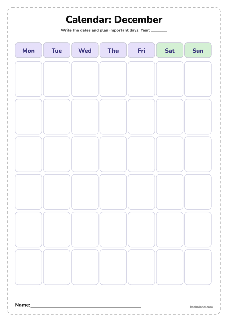 Blank Calendar for Kids: December: printable A4 sheet for kids, ready to print or fill in online