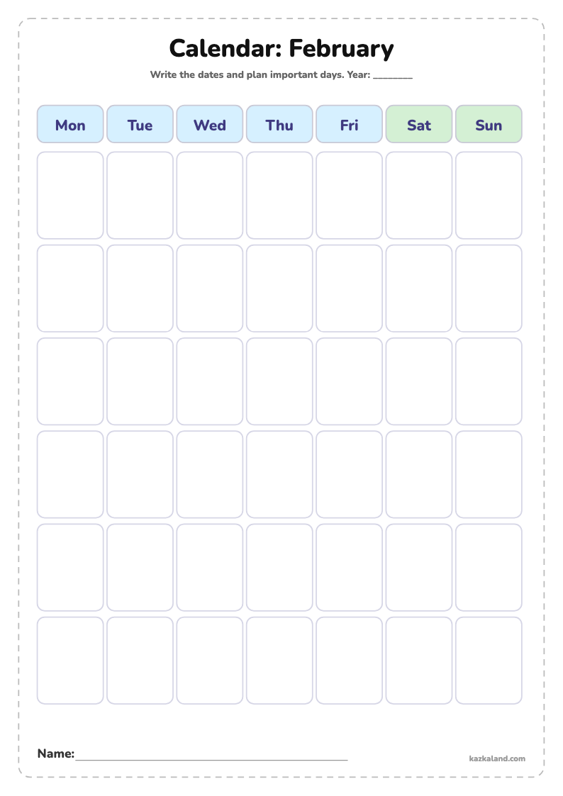 Blank Calendar for Kids: February: printable A4 sheet for kids, ready to print or fill in online
