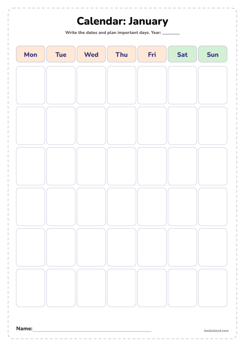 Blank Calendar for Kids: January: printable A4 sheet for kids, ready to print or fill in online