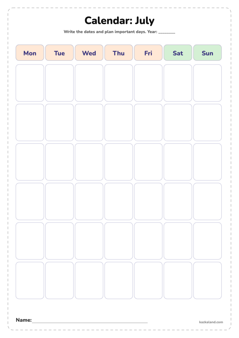 Blank Calendar for Kids: July: printable A4 sheet for kids, ready to print or fill in online