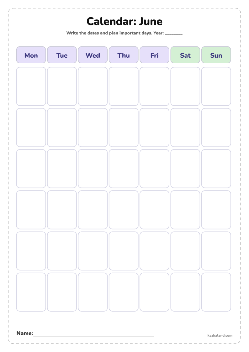 Blank Calendar for Kids: June: printable A4 sheet for kids, ready to print or fill in online