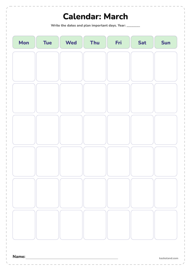 Blank Calendar for Kids: March: printable A4 sheet for kids, ready to print or fill in online