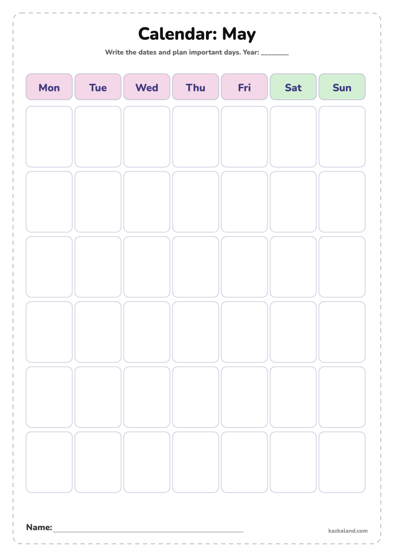 Blank Calendar for Kids: May: printable A4 sheet for kids, ready to print or fill in online