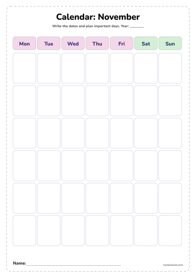 Blank Calendar for Kids: November: printable A4 sheet for kids, ready to print or fill in online