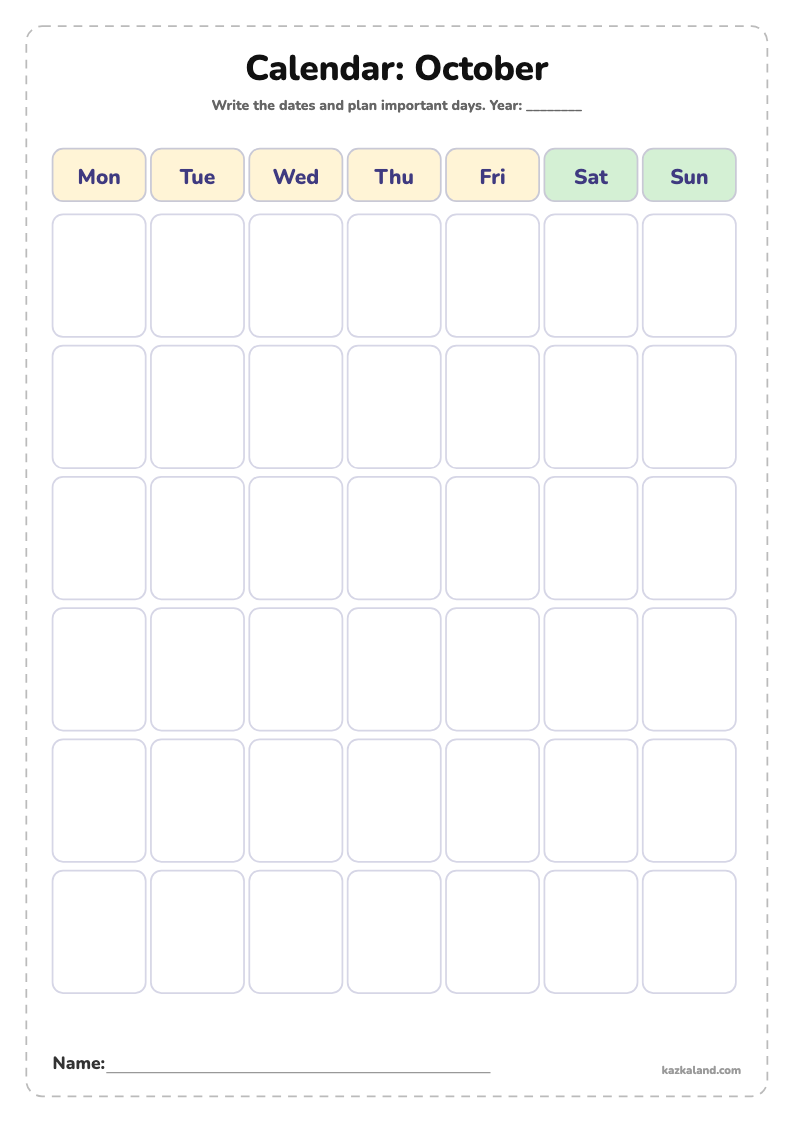 Blank Calendar for Kids: October: printable A4 sheet for kids, ready to print or fill in online