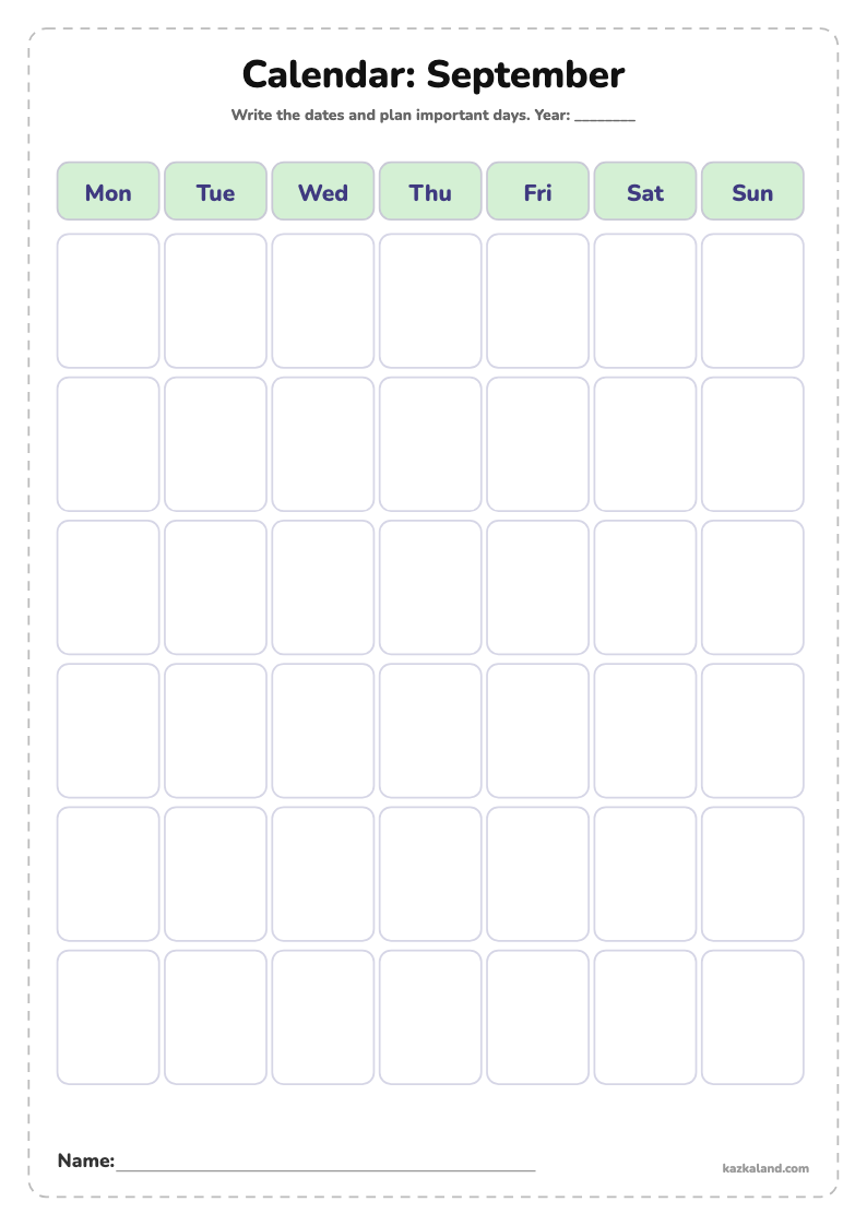 Blank Calendar for Kids: September: printable A4 sheet for kids, ready to print or fill in online