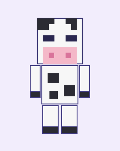 Blocky Cow paper craft template for kids: a printable color A4 sheet with cut lines, fold lines and glue tabs, plus a preview of the finished cube toy