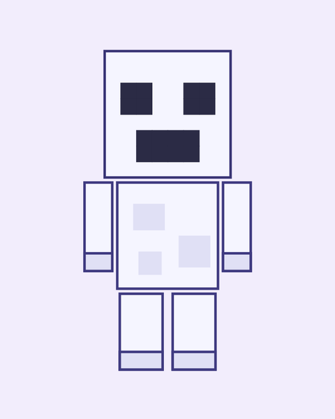 Blocky Ghost paper craft template for kids: a printable color A4 sheet with cut lines, fold lines and glue tabs, plus a preview of the finished cube toy