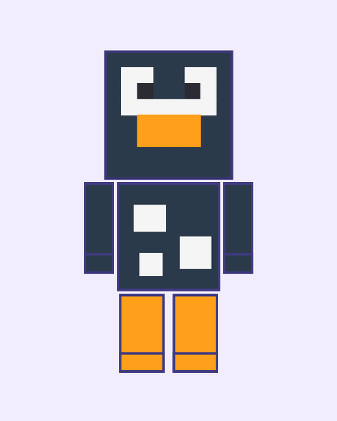 Blocky Penguin paper craft template for kids: a printable color A4 sheet with cut lines, fold lines and glue tabs, plus a preview of the finished cube toy