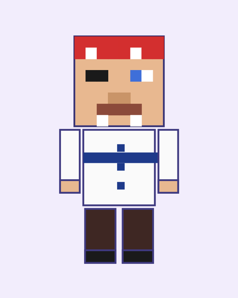 Blocky Pirate paper craft template for kids: a printable color A4 sheet with cut lines, fold lines and glue tabs, plus a preview of the finished cube toy