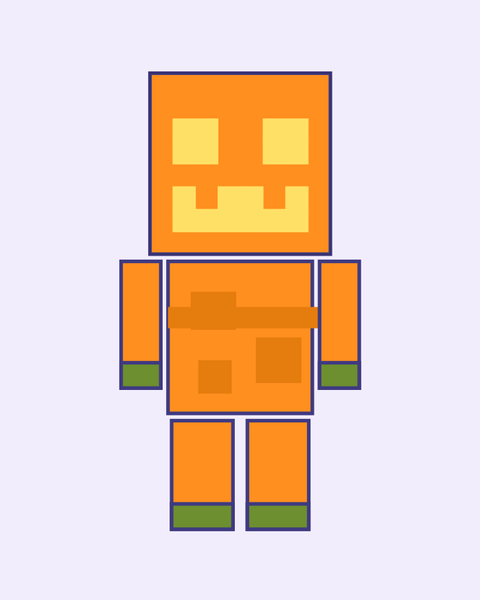 Blocky Pumpkin paper craft template for kids: a printable color A4 sheet with cut lines, fold lines and glue tabs, plus a preview of the finished cube toy
