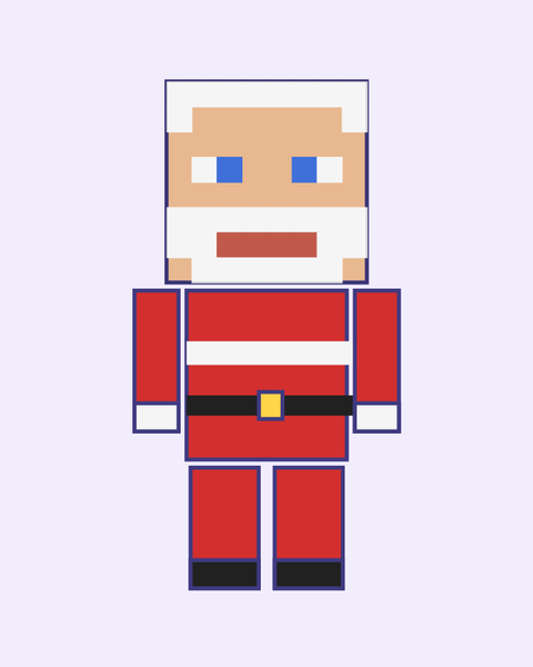 Blocky Santa paper craft template for kids: a printable color A4 sheet with cut lines, fold lines and glue tabs, plus a preview of the finished cube toy