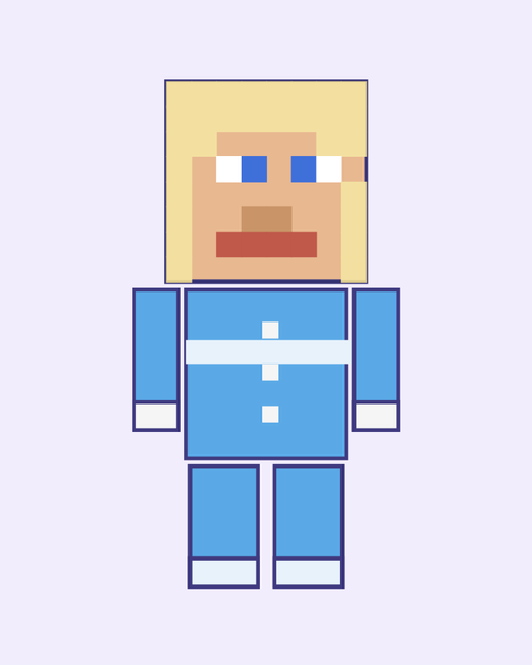 Blocky Snow Maiden paper craft template for kids: a printable color A4 sheet with cut lines, fold lines and glue tabs, plus a preview of the finished cube toy