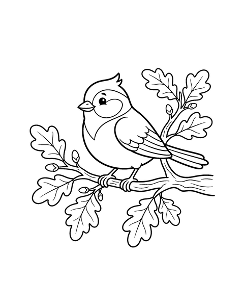 Blue Tit coloring page for kids: a printable black and white outline picture with thick lines and big areas to color, ready for A4