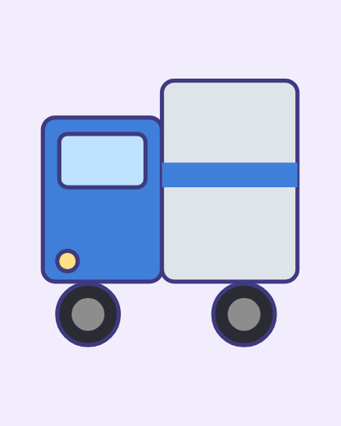 Blue Truck paper craft template for kids: a printable color A4 sheet with cut lines, fold lines and glue tabs, plus a preview of the finished cube toy