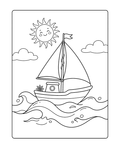 Boat coloring page for kids: a printable black and white outline picture with thick lines and big areas to color, ready for A4