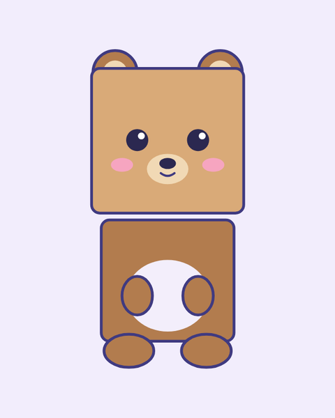 Brown Bear paper craft template for kids: a printable color A4 sheet with cut lines, fold lines and glue tabs, plus a preview of the finished cube toy