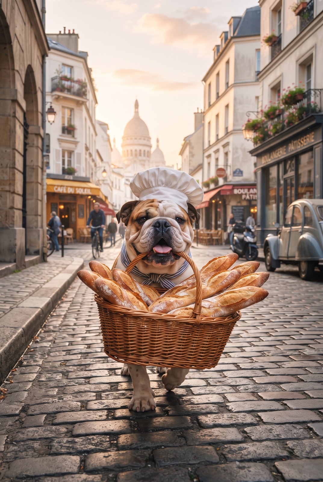 Bulldog Carrying Baguettes in Paris: A bulldog in a baker hat carries a huge basket of fresh baguettes through a Paris street at sunrise.
