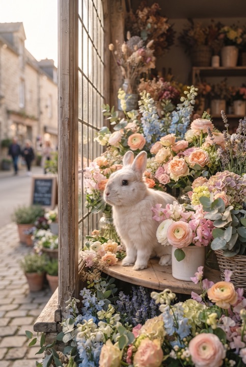 Bunny in a Flower Shop Window: A white bunny sits in the window of a charming little flower shop among pastel bouquets in the morning light.
