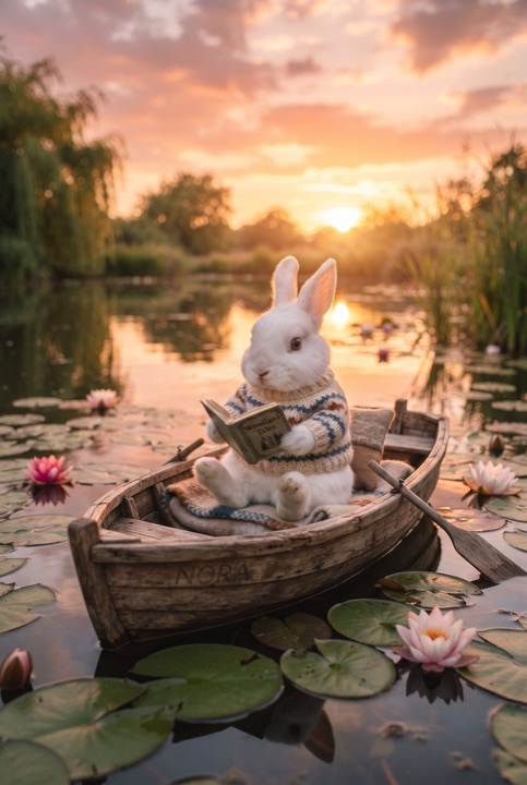 Bunny in a Boat Among Water Lilies: A white rabbit in a knitted sweater reads a book in a wooden boat on a lily pond at sunset.