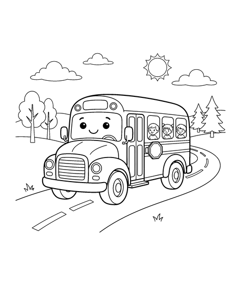 Bus coloring page for kids: a printable black and white outline picture with thick lines and big areas to color, ready for A4