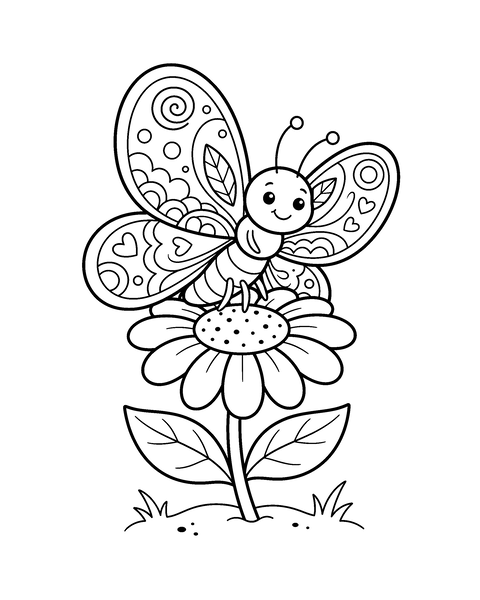 Butterfly coloring page for kids: a printable black and white outline picture with thick lines and big areas to color, ready for A4