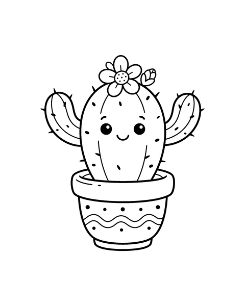 Cactus coloring page for kids: a printable black and white outline picture with thick lines and big areas to color, ready for A4