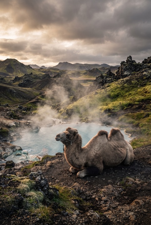 Camel by Iceland's Hot Springs: A camel rests beside steaming blue hot springs among mossy volcanic hills under a cloudy sky.