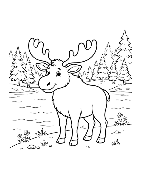 Canadian Moose coloring page for kids: a printable black and white outline picture with thick lines and big areas to color, ready for A4