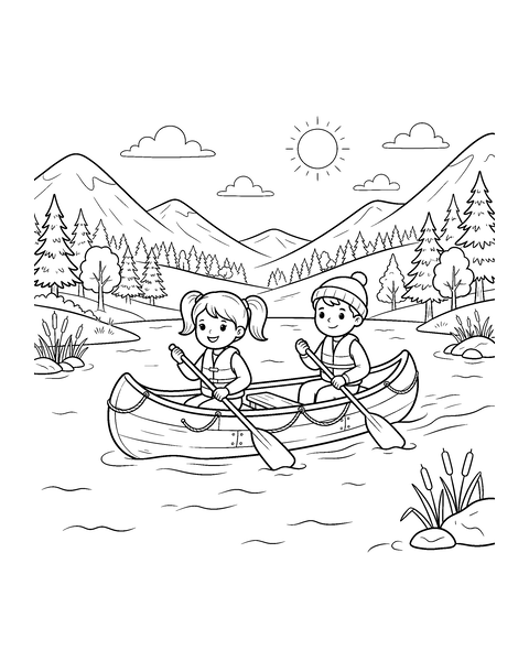 Canoe on the Lake coloring page for kids: a printable black and white outline picture with thick lines and big areas to color, ready for A4