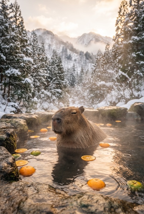 Capybara in a Hot Spring Among the Snow: A calm capybara soaks in a steaming spring with floating oranges, surrounded by snowy forest and mountains.