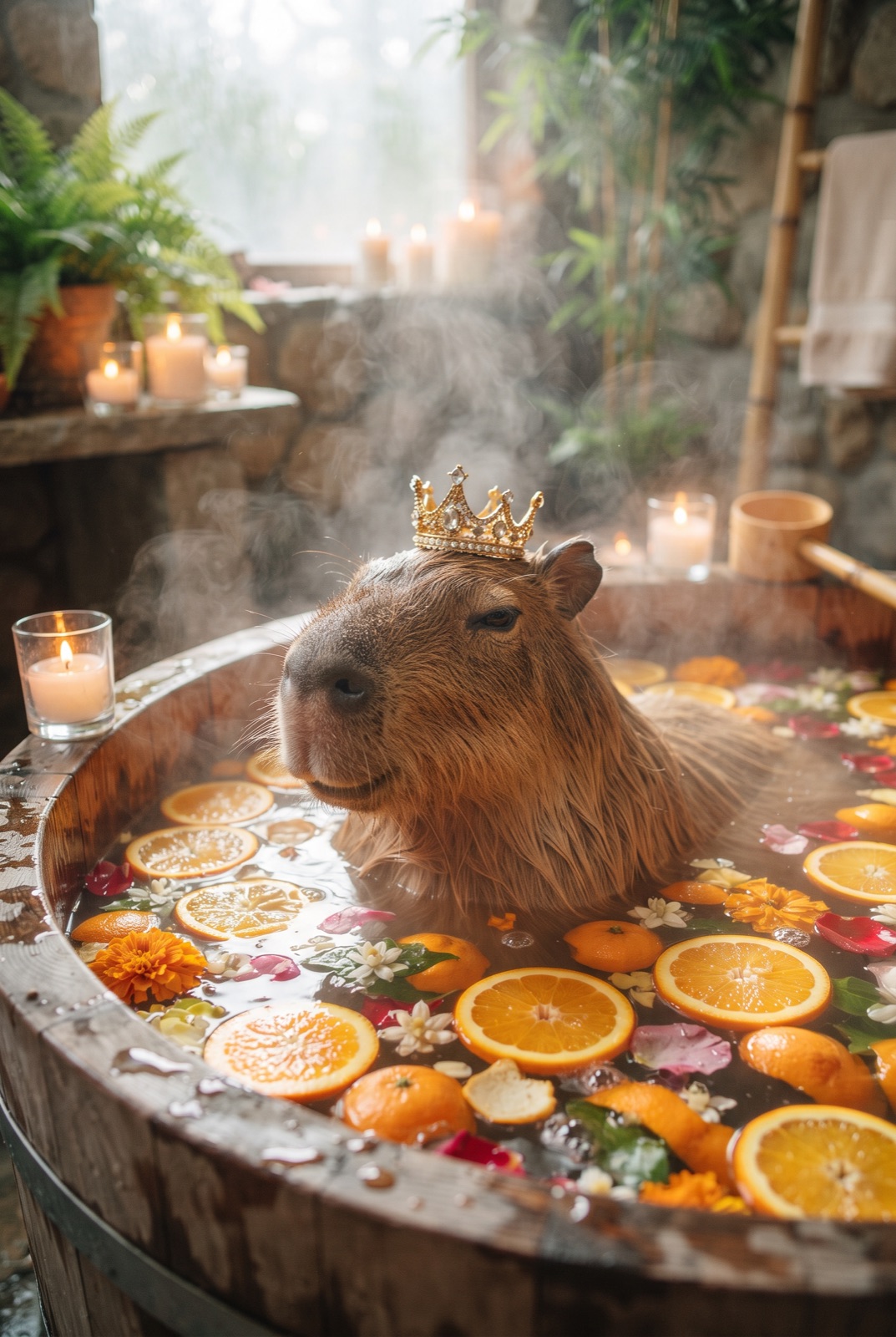Capybara in a Crown in an Orange Bath: A capybara in a tiny crown relaxes in a bath of oranges and petals with candles and soft steam.