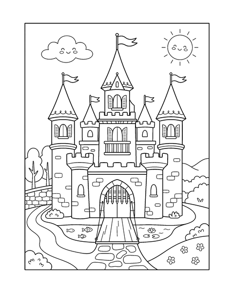 Castle coloring page for kids: a printable black and white outline picture with thick lines and big areas to color, ready for A4