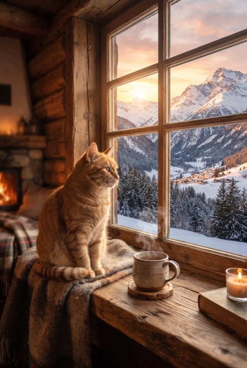 Cat on a Mountain Cabin Windowsill: A ginger cat sits by the window next to a steaming mug and a candle, gazing at a snowy valley at sunset.