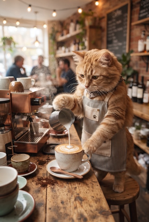Barista Cat at a Cafe Counter: A fluffy cat in a tiny apron draws latte art with a paw behind a cozy counter while cups steam all around.