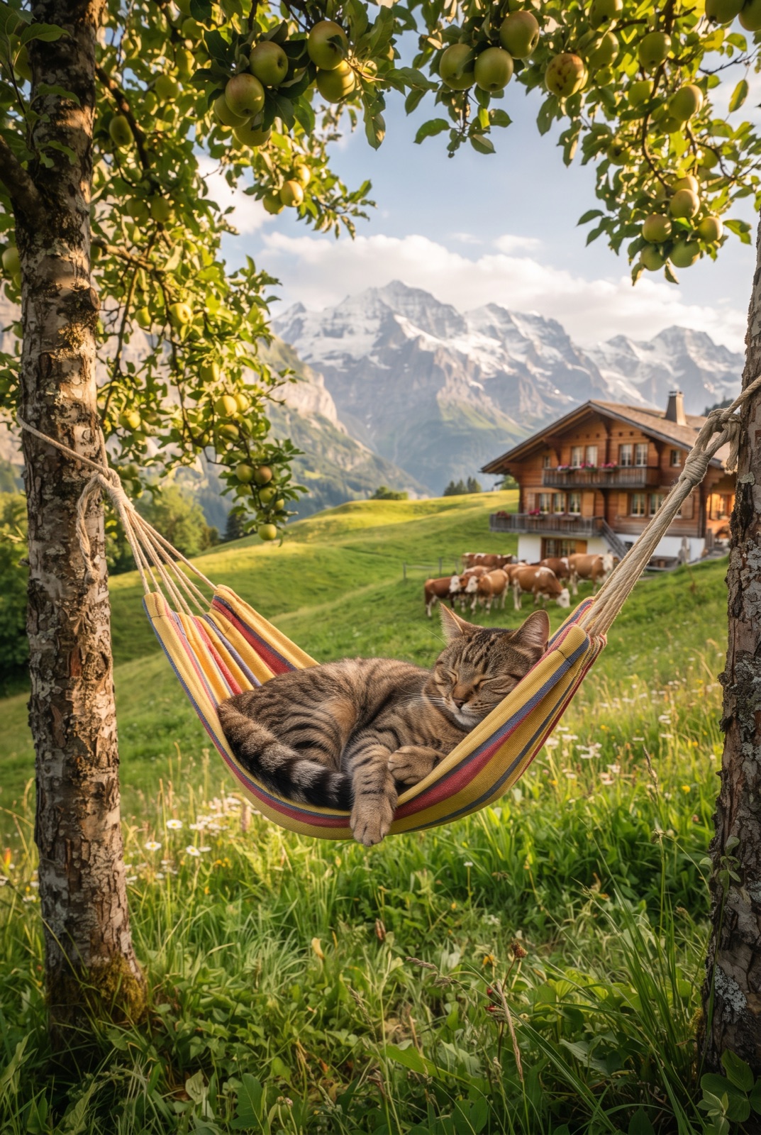 Cat in a Hammock on a Swiss Farm: A tabby cat sleeps blissfully in a hammock between apple trees while cows graze in the meadow before a chalet and snowy Alps.
