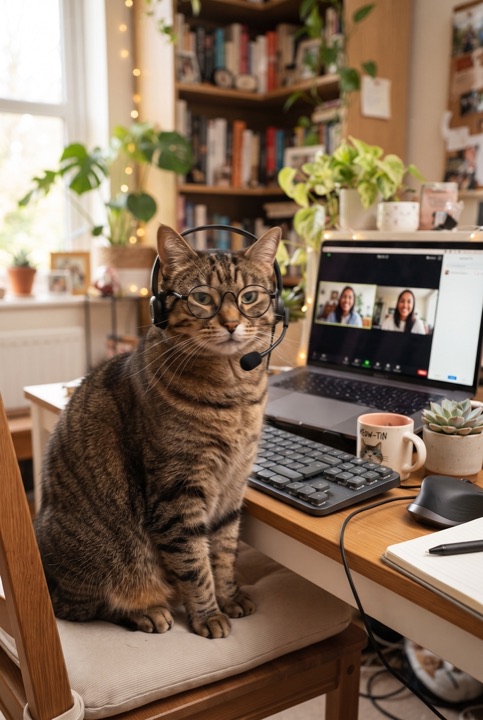 Serious Cat on a Video Call: A tabby cat in glasses and a headset sits at a home desk on a video call with a laptop and plants nearby.