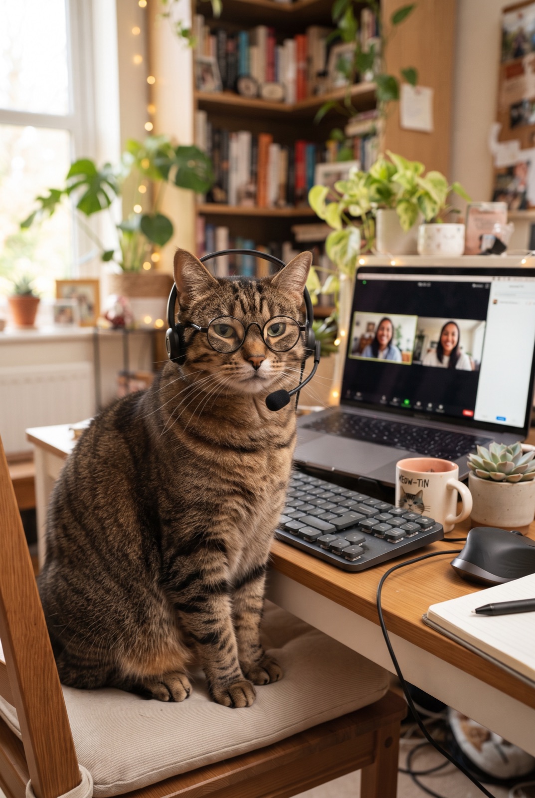 Serious Cat on a Video Call: A tabby cat in glasses and a headset sits at a home desk on a video call with a laptop and plants nearby.