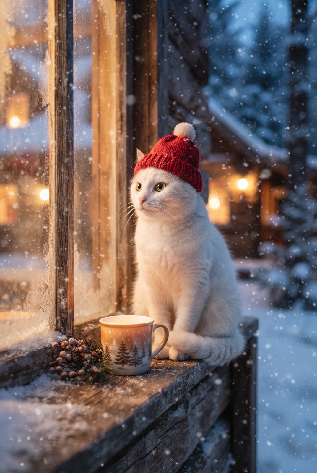White Cat in a Knitted Hat: A white cat in a red knitted hat watches the snow fall outside a cabin window.