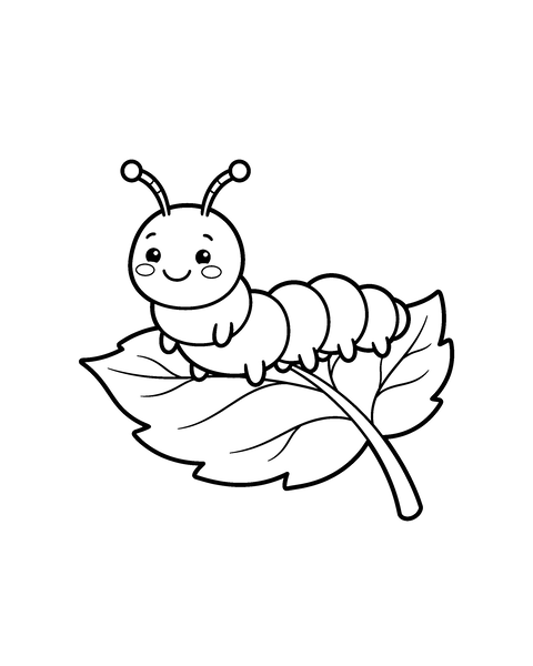 Caterpillar coloring page for kids: a printable black and white outline picture with thick lines and big areas to color, ready for A4