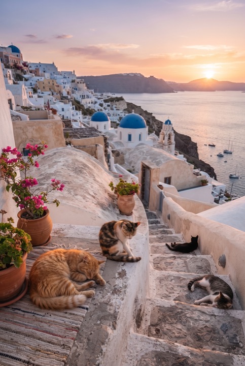 Cats on Greek Island Rooftops: Several cats relax on the whitewashed rooftops of a Greek island village with blue domes by the sea.