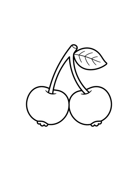 Cherries coloring page for kids: a printable black and white outline picture with thick lines and big areas to color, ready for A4