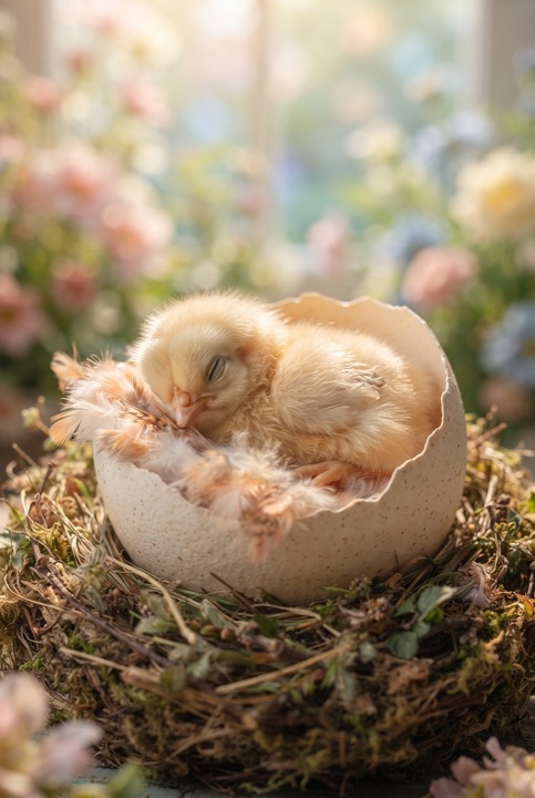 Chick Asleep in an Eggshell Bed: A fluffy chick sleeps in half an eggshell as if in a bed, under a feather blanket on a pastel background.