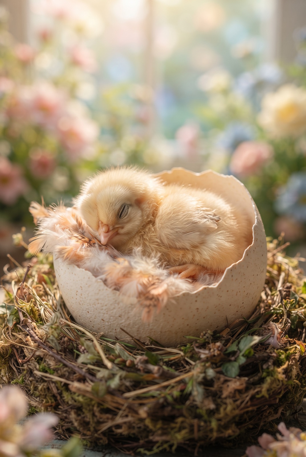 Chick Asleep in an Eggshell Bed: A fluffy chick sleeps in half an eggshell as if in a bed, under a feather blanket on a pastel background.