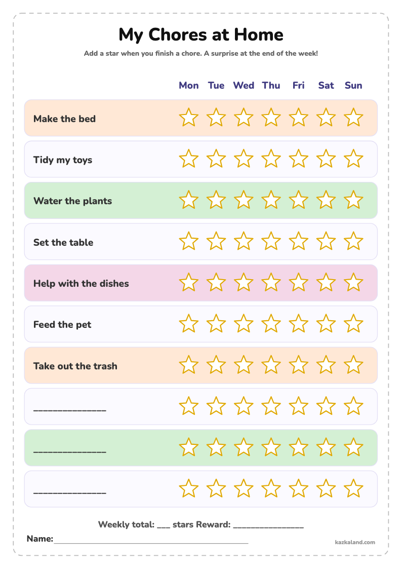 Chore Chart for Kids: printable A4 sheet for kids, ready to print or fill in online
