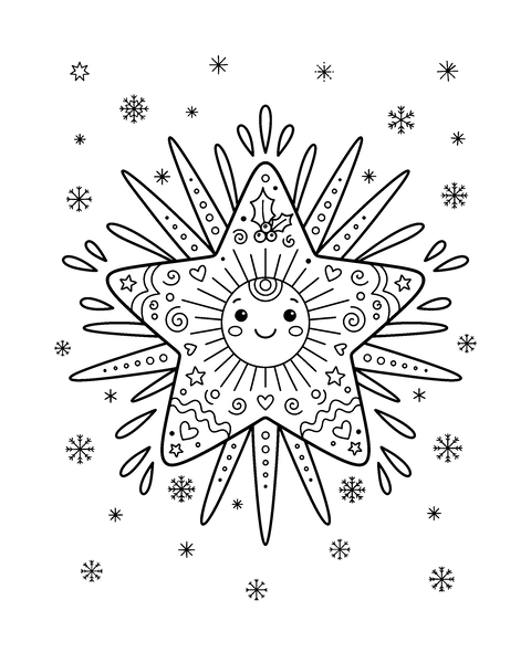 Christmas Star coloring page for kids: a printable black and white outline picture with thick lines and big areas to color, ready for A4