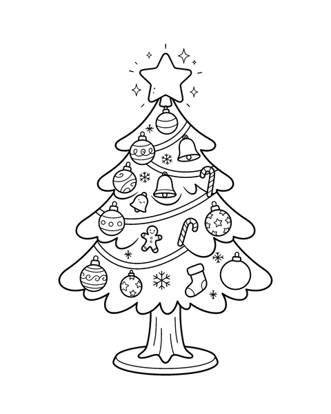Christmas Tree coloring page for kids: a printable black and white outline picture with thick lines and big areas to color, ready for A4